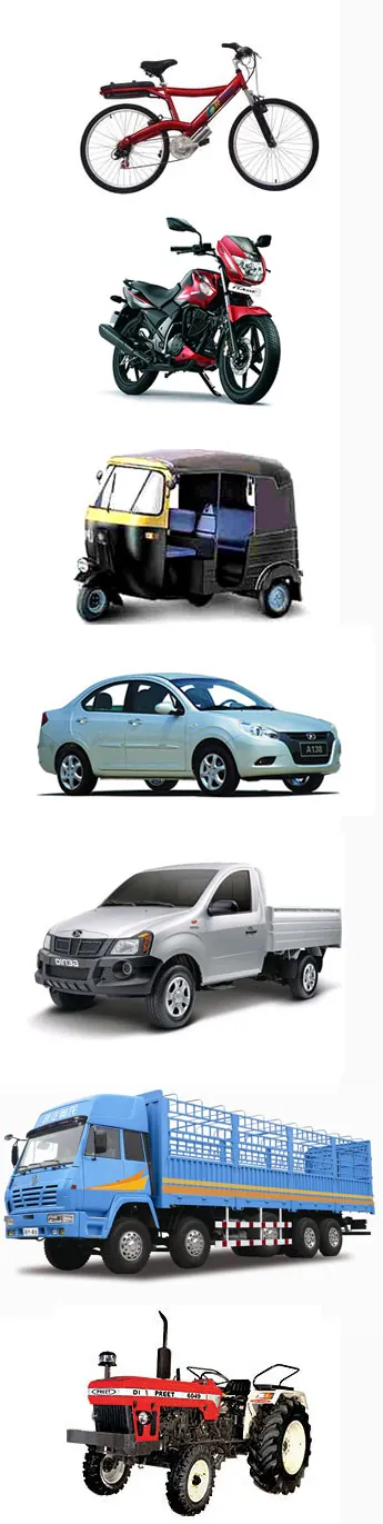 Bicycle, motorcycle, auto, car, pickup and tractor